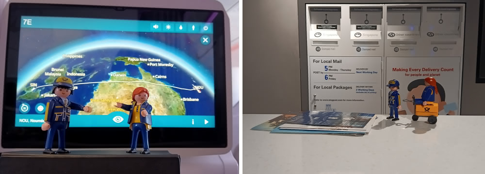 Two Playmobil postal worker figurines in Singapore — one posed in front of an in-flight map showing their route, and another beside a stack of postcards at a post office counter with mail slots in the background.