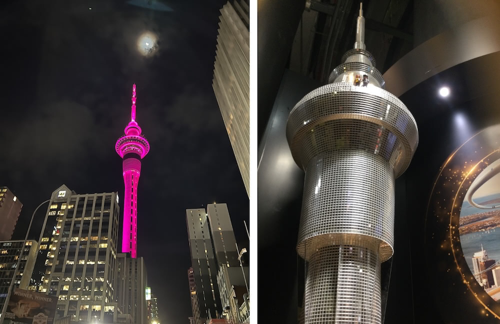 Two photos of Auckland’s Sky Tower: lit pink at night, and a close-up of a tower model inside an exhibit.