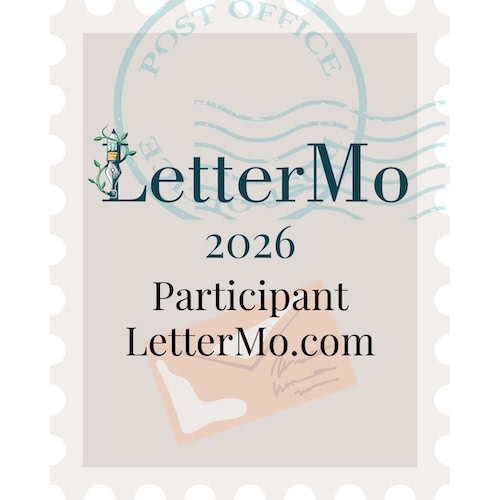 Logo for LetterMo 2025 participant, featuring text and stylized L with leaves and pencil and fountain pen.