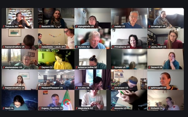 Grid of Postcard Lounge participants on a video call, with people writing postcards together from different places.