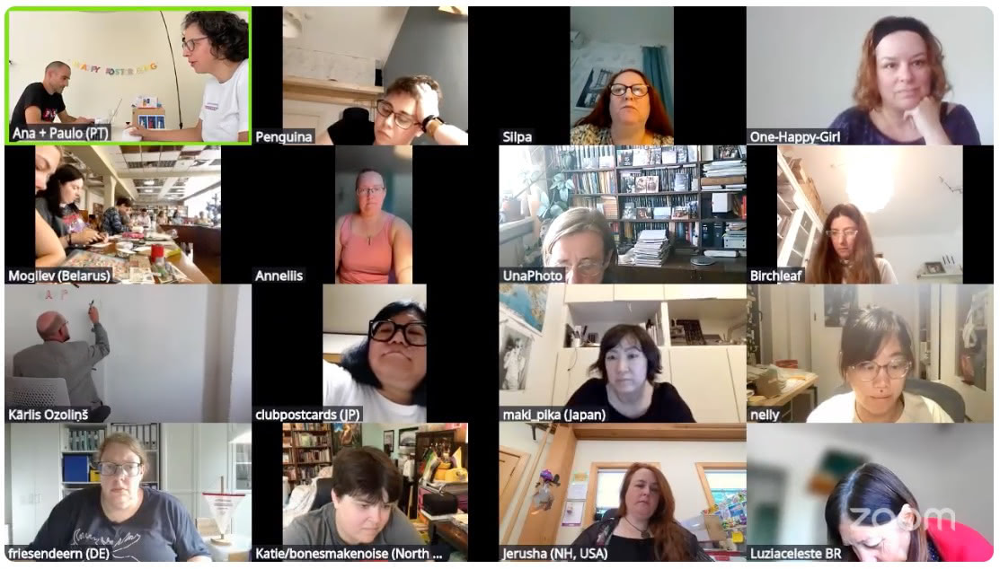 A screenshot of a Zoom call, with a grid of participants webcams