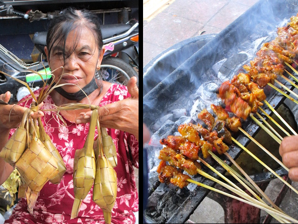 On the left, a woman holds up diamond-shaped parcels of food made out of woven palm leaves, and on the right, skewers of meat are cooked