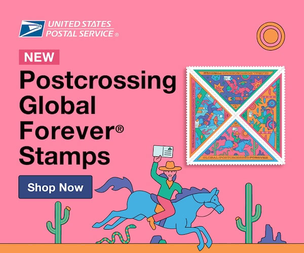 Pink USPS promotional banner reading New Postcrossing Global Forever Stamps with a Shop Now button, featuring a sheet of four triangular Postcrossing stamps and a colorful illustration of a rider on a horse holding a postcard.