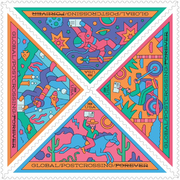 Sheet of four colourful triangular “GLOBAL/POSTCROSSING/FOREVER” USA stamps forming a square shape, with playful scenes (astronaut, cyclist, diver, and cowboy on horseback).