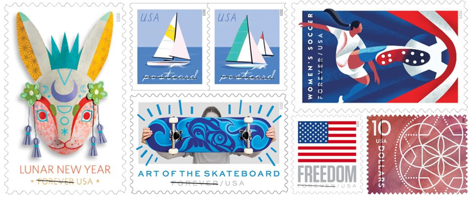 Collage of USPS stamp designs including a Lunar New Year animal, two sailboat postcard stamps, a Women’s Soccer stamp, an Art of the Skateboard stamp, a Freedom flag stamp, and a pattern stamp.
