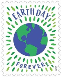 USPS Earth Day Forever stamp with a simple illustration of the Earth surrounded by green marks.