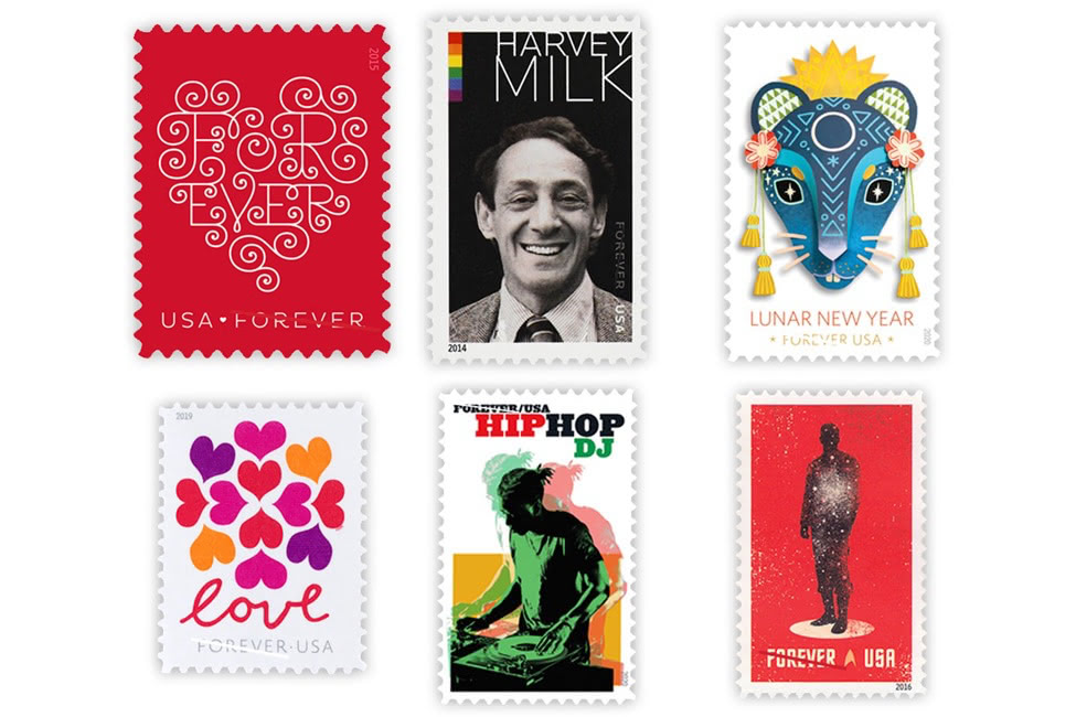 Grid of six different USPS Forever stamps: a red “Forever” typographic stamp, a Harvey Milk stamp, a Lunar New Year animal stamp, a “love” hearts stamp, a Hip Hop DJ stamp, and a red silhouette stamp.
