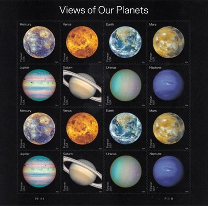 USPS stamp sheet titled “Views of Our Planets” with rows of planet images on dark backgrounds.