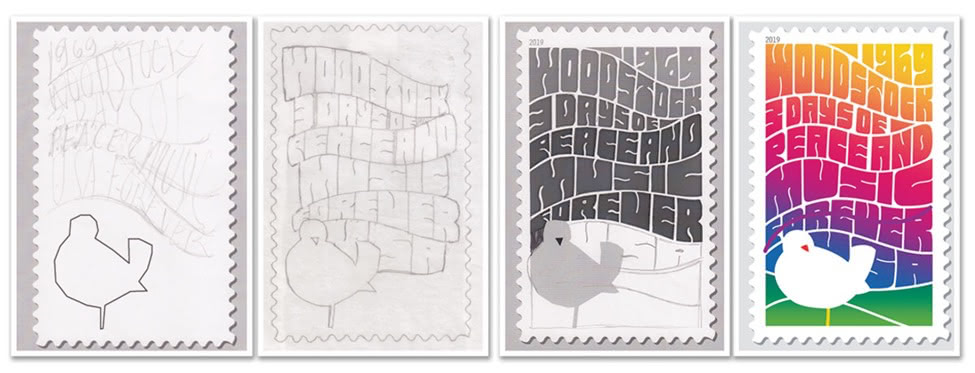 Four-panel sequence showing the design process of a stamp: pencil sketches evolving into a finished colourful “Woodstock 1969” peace-and-music stamp with a white dove.