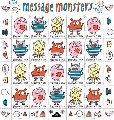 USPS stamp sheet titled “message monsters” featuring cute cartoon monsters and doodles in bright colours.