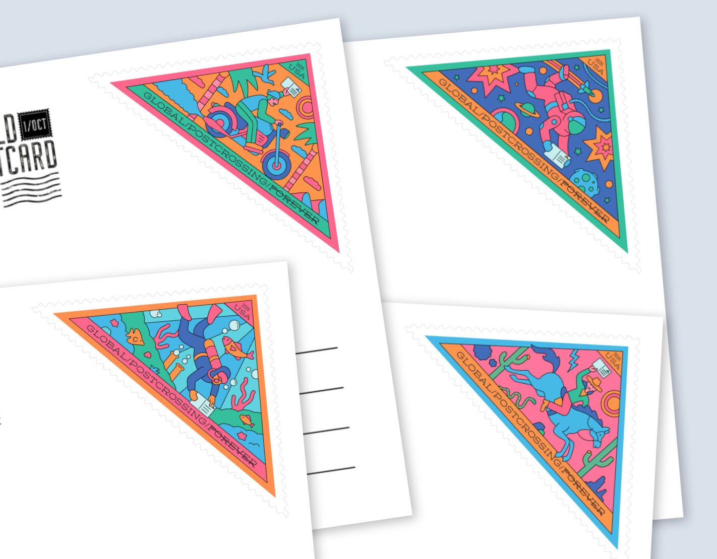 Mock-up of four postcards, each with a colourful triangular Global Postcrossing Forever stamp placed on a corner.