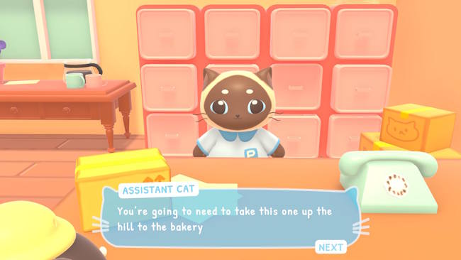 Screenshot from Catto's Post Office, showing a cream-and-brown cartoon cat dressed in a postal worker uniform, behind a desk; a text box with the name Assistant Cat at the top says 'You're going to need to take this one up the hill to the bakery'