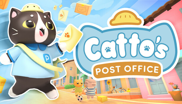 Banner for Catto's Post Office, showing a cartoon black-and-white cat dressed in a blue uniform with a messenger bag, holding up a letter