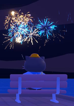A night-time screenshot from Catto's Post Office, with Catto sat on a bench looking out over water while fireworks burst overhead