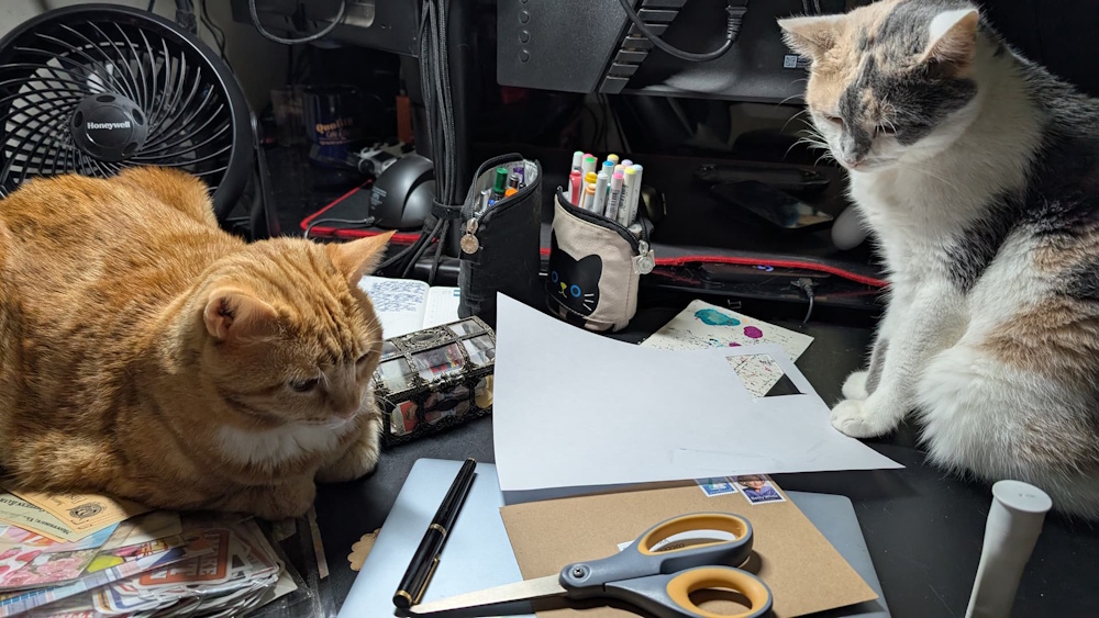 A photo of a desk with Postcrossing supplies, somewhat crowded by two cats, one ginger and one a mixture of white, black and ginger fur