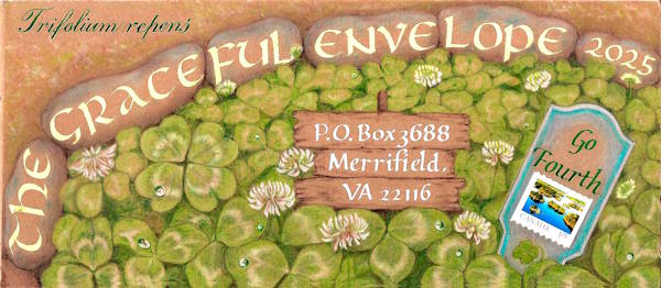 Graceful Envelope Contest 2026: Adult Winner, with the address in a bed of four-leaf clover