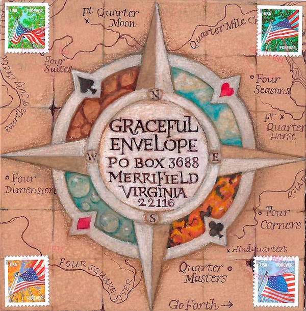 Graceful Envelope Contest 2026: Adult Best In Show, a compass design with the stamps placed in the four corners of the envelope