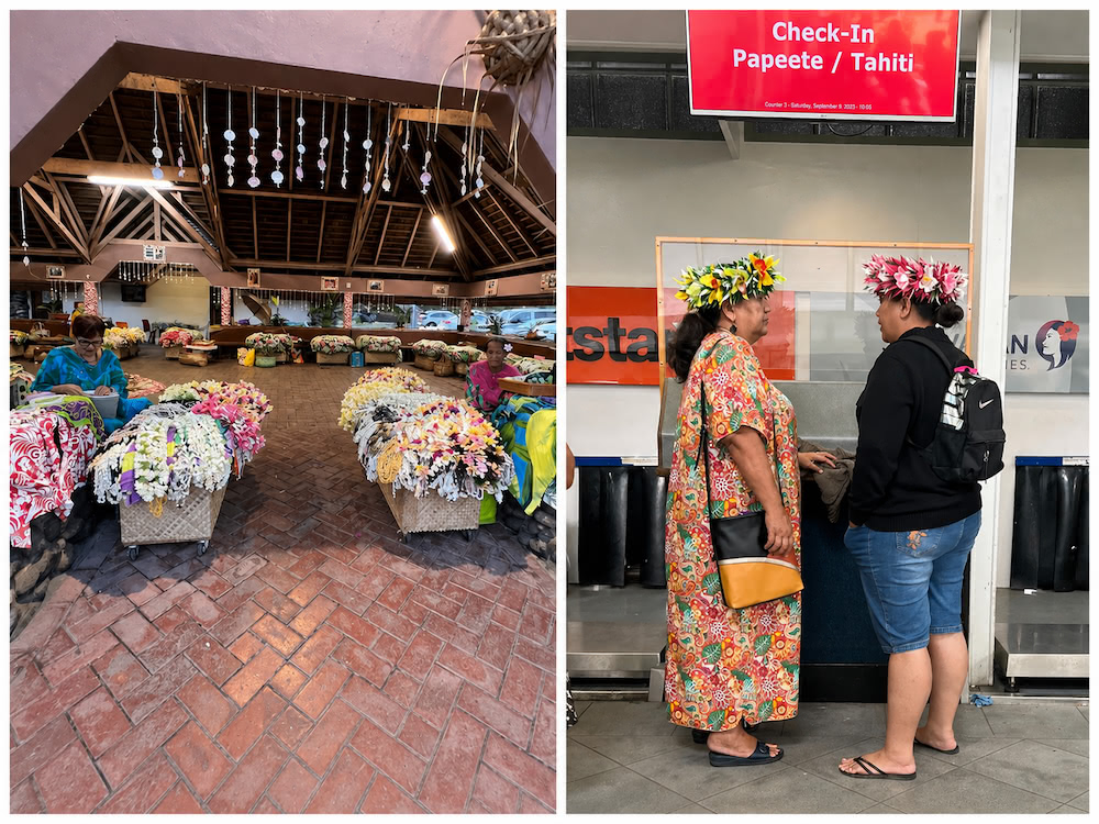 Two side-by-side photos showing flower garlands at a French Polynesian market and two women wearing flower crowns at the Papeete airport.