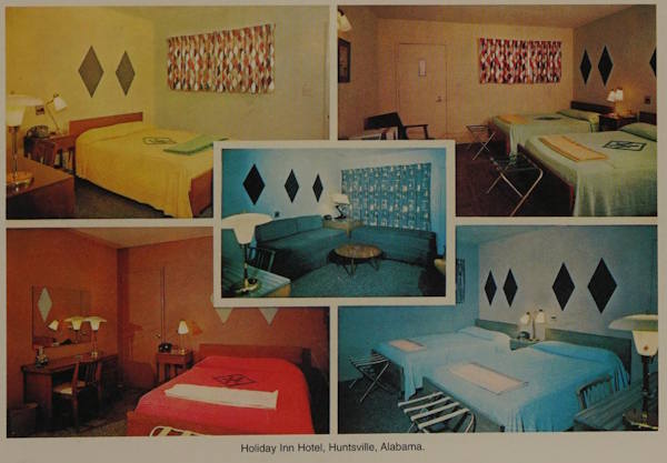 A postcard showing various hotel rooms in a Holiday Inn Hotel in Huntsville Alabama, each decorated in different colours