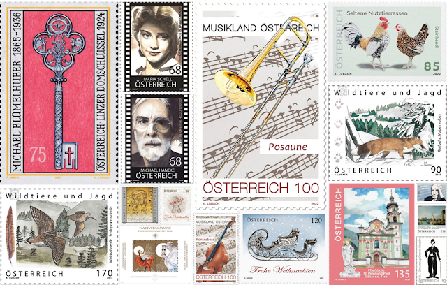 Collage of stamp designs by Kirsten Lubach, including an ornate key, stamps of famous people, a trombone, chickens, a fox, wild birds, a violin, a sleigh, a building