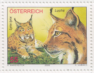A stamp showing two illustrations (front and side) of a wild lynx