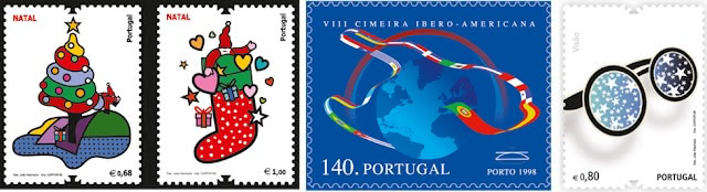 More stamps! Strip of stamps: playful Christmas stockings, 1998 Ibero-American Summit globe, and snowflake glasses.