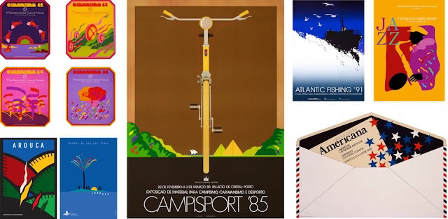 Machado's posters Poster montage with ‘Campisport ’85’ bike center, plus fishing, jazz, and envelope-themed designs.