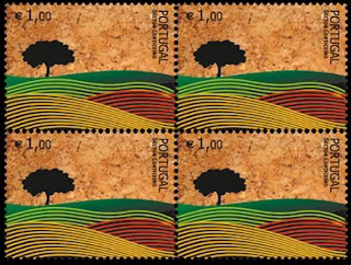 Cork stamps Block of four cork-textured stamps: rolling fields and a cork oak silhouette by João Machado.