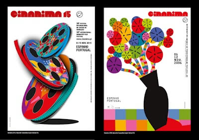 Cinanima posters Two CINANIMA festival posters: stacked film reels and a vase of reel ‘flowers’ in vibrant colors.