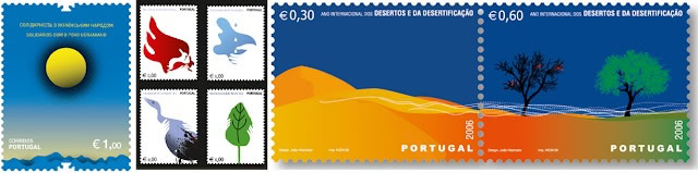 Environmental-themed stamps Environmental-themed stamps: sun over sea, animal icons, and anti-desertification diptych with dunes and tree.