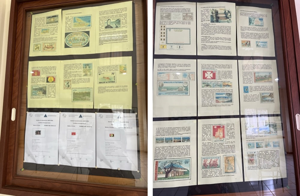 Philatelic counter inside the Wallis post office, with stamp displays and panels on the walls