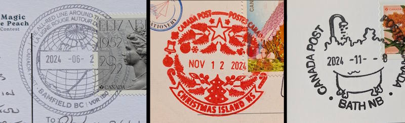 Pictorial cancels from Bamfield, which is a globe, Christmas Island Nova Scotia which has Christmas themed images like stars and candy canes, and Bath New Brunswick, which looks like a bath with a lot of foam