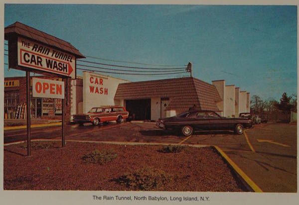A postcard showing The Rain Tunnel Car Wash in North Babylon, Long Island, NY