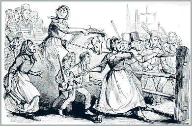 A black and white image from an illustrated newspaper, showing men dressed as women attacking a toll-gate