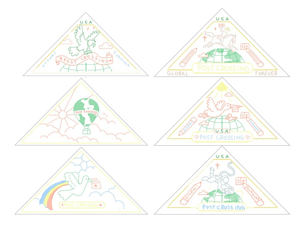 Collage of six early triangle-shaped stamp sketches in pastel pencil, exploring Postcrossing-themed designs with a globe and different motifs like birds, a hot-air balloon, an astronaut, and a rider on horseback, with ‘USA’ and ‘Global Forever’ notes.
