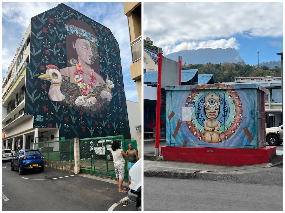 Two side-by-side photos of street art in Papeete: a large mural of a flower-crowned figure with birds and tropical plants on a building wall, and a smaller mural with a Polynesian-style face motif, mountains visible behind it.