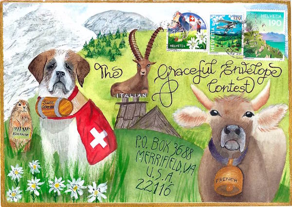 Graceful Envelope Contest 2026: Adult Honourable Mention, showing classic Swiss mountain animals like a mountain rescue dog and a cow