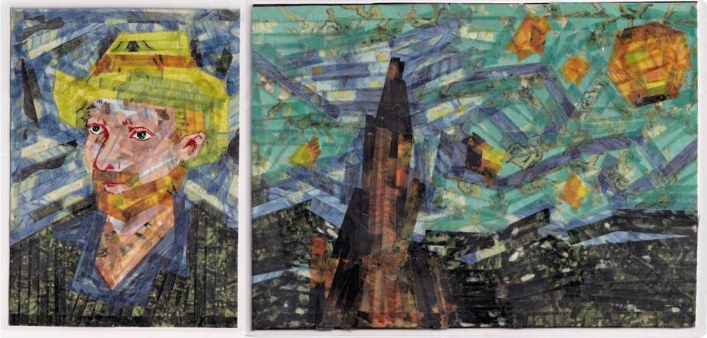 Two handmade postcards made with washi tape: one inspired by a Van Gogh self-portrait, and another showing a tall dark building under a colourful swirling sky.