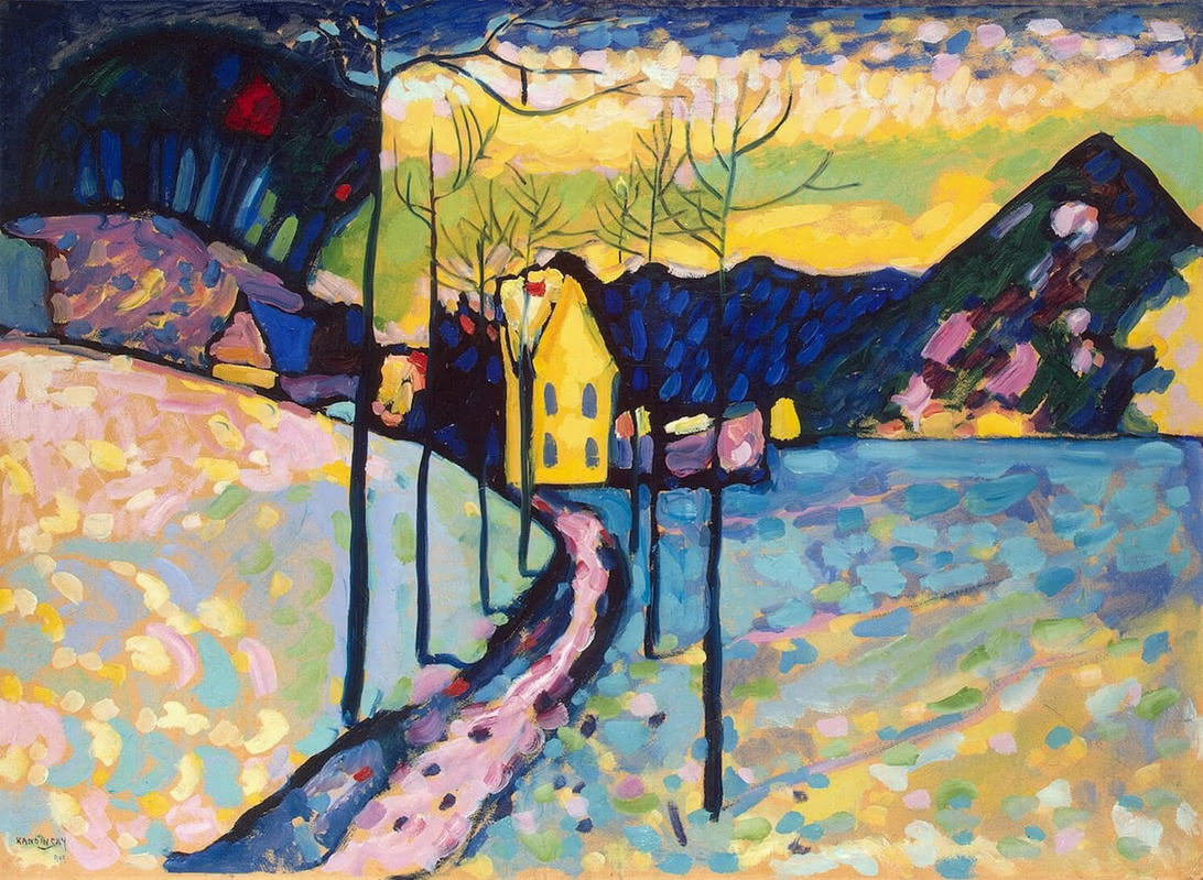 Wassily Kandinsky’s Winter Landscape painting, showing yellow houses, snowy ground, hills and a colourful sky.