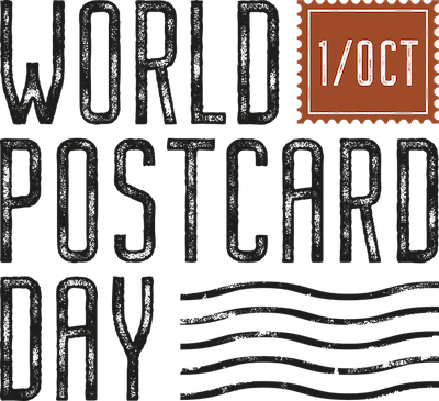 Logo for World Postcard Day with bold black letters on a transparent background, a brown stamp-shaped element with 1/OCT inside, and three wavy lines resembling a postmark.