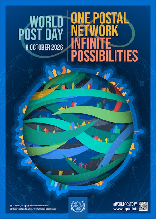 World Post Day 2026 poster with the theme “One postal network, infinite possibilities” and an illustration of postal connections.