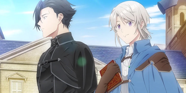 Two men drawn in anime style: one is dark haired and dressed in dark clothing, while the other has light hair, is dressed mostly in blue and brown, and has more of a smile; he carries a book