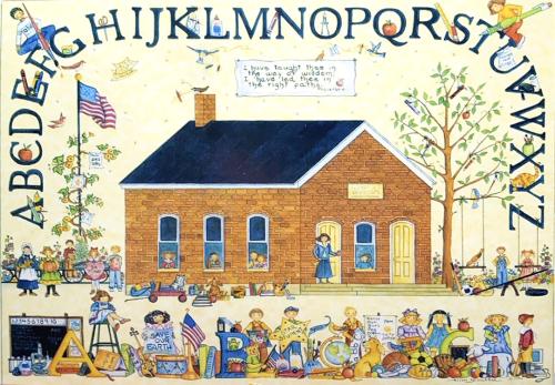 Illustration of a brick schoolhouse with children playing and holding signs, framed by a colourful border of the alphabet letters A–Z.