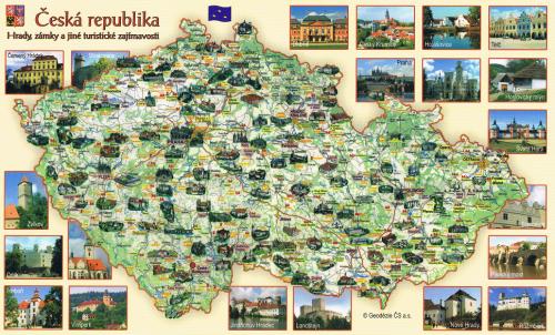 Postcard CZ-197712: Map card of Czech Republic, with castles, chateaus