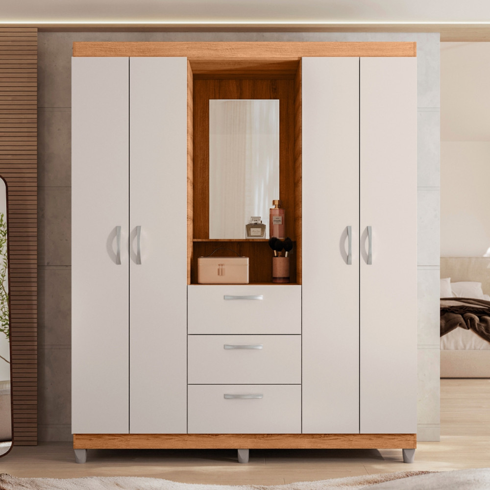 Guarda Roupa 4 Portas 3 Gavetas com Espelho Mobi Caemmun
