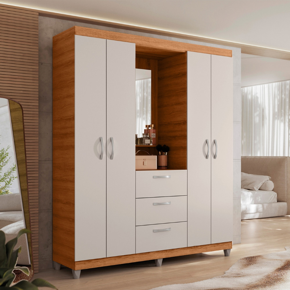 Guarda Roupa 4 Portas 3 Gavetas com Espelho Mobi Caemmun