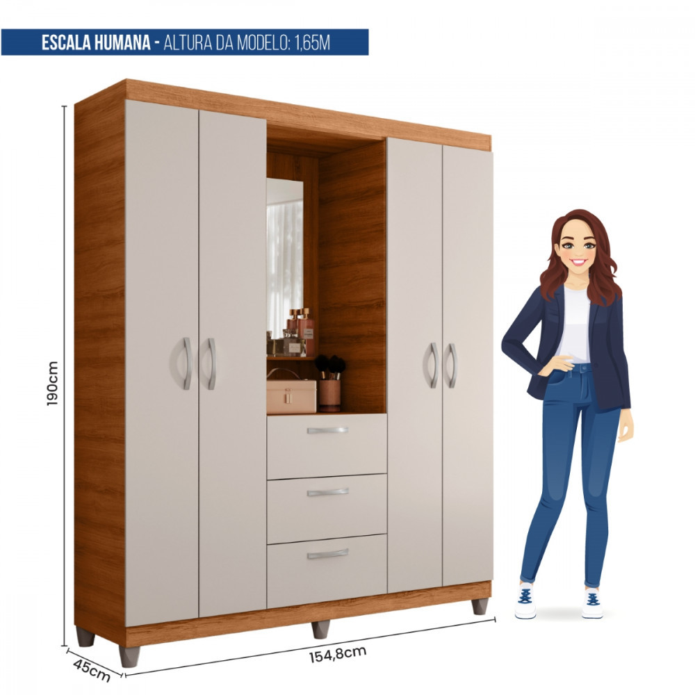 Guarda Roupa 4 Portas 3 Gavetas com Espelho Mobi Caemmun