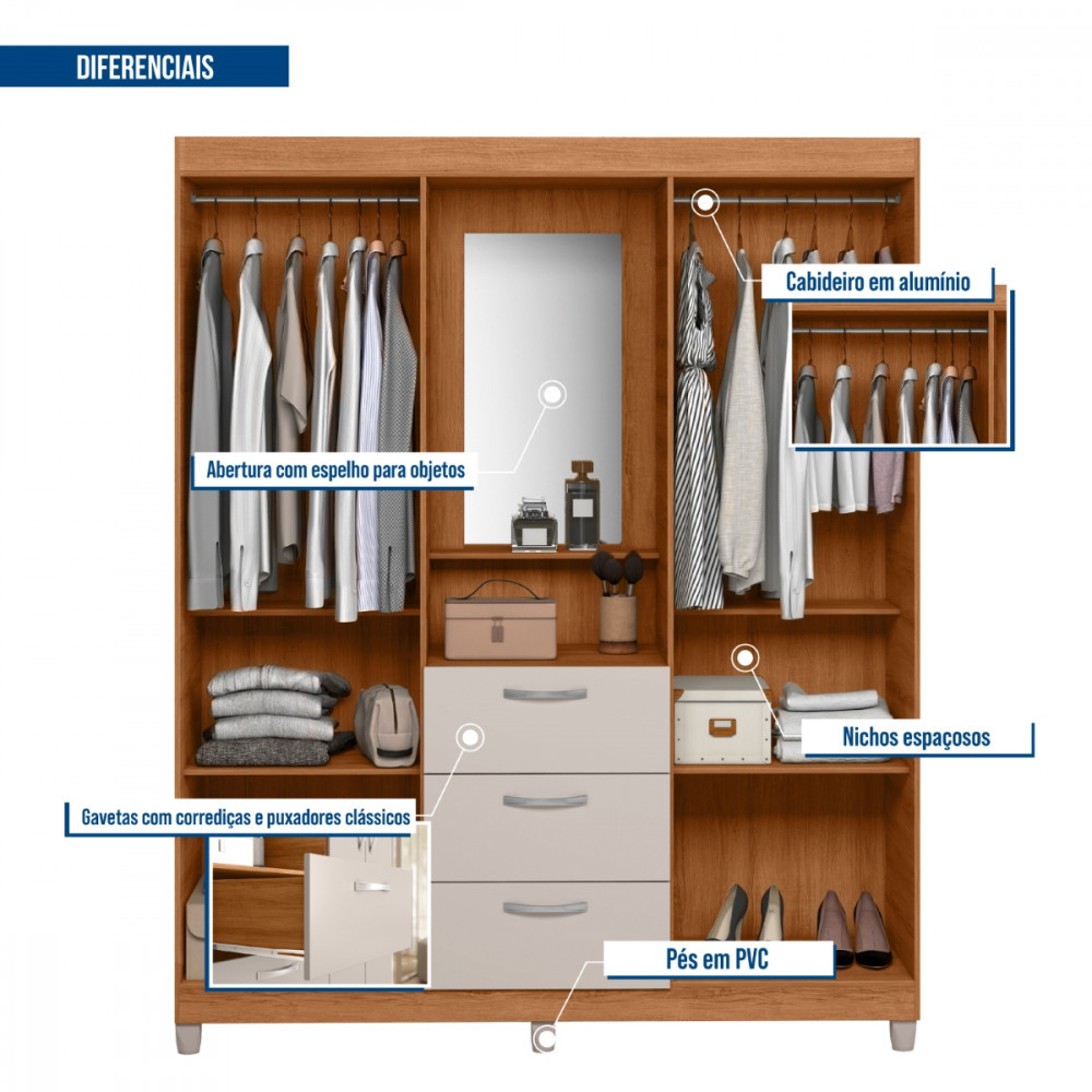 Guarda Roupa 4 Portas 3 Gavetas com Espelho Mobi Caemmun