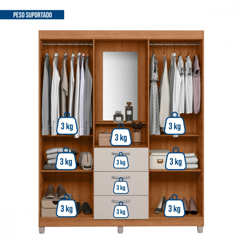 Guarda Roupa 4 Portas 3 Gavetas com Espelho Mobi Caemmun