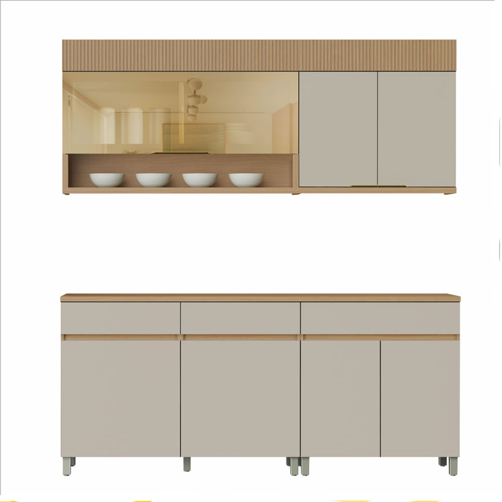 Cozinha 4 Peças 6 portas 1 Porta Vidro 3 Gavetas Realeza Premium 200 cm MDF Nesher